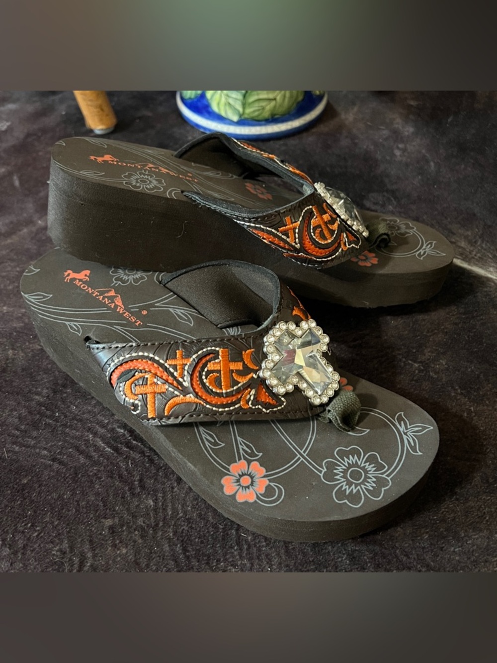 Montana West Embellished Brown & Orange Wedge Flip Flops with Crystal Accent - Picture 2 of 5